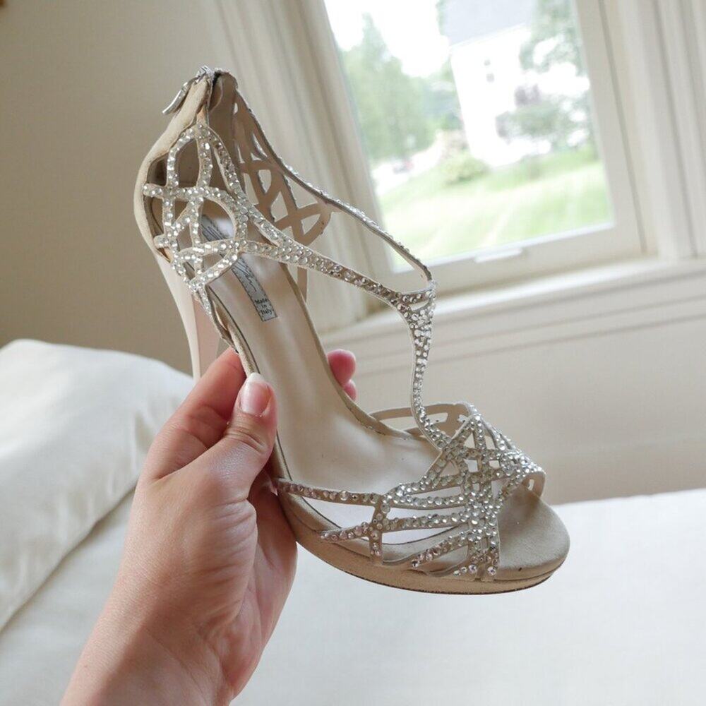 Grey Mer Italy Crystal Heels made in Italy Strappy Sandals suede 8.5 9 - Picture 2 of 11